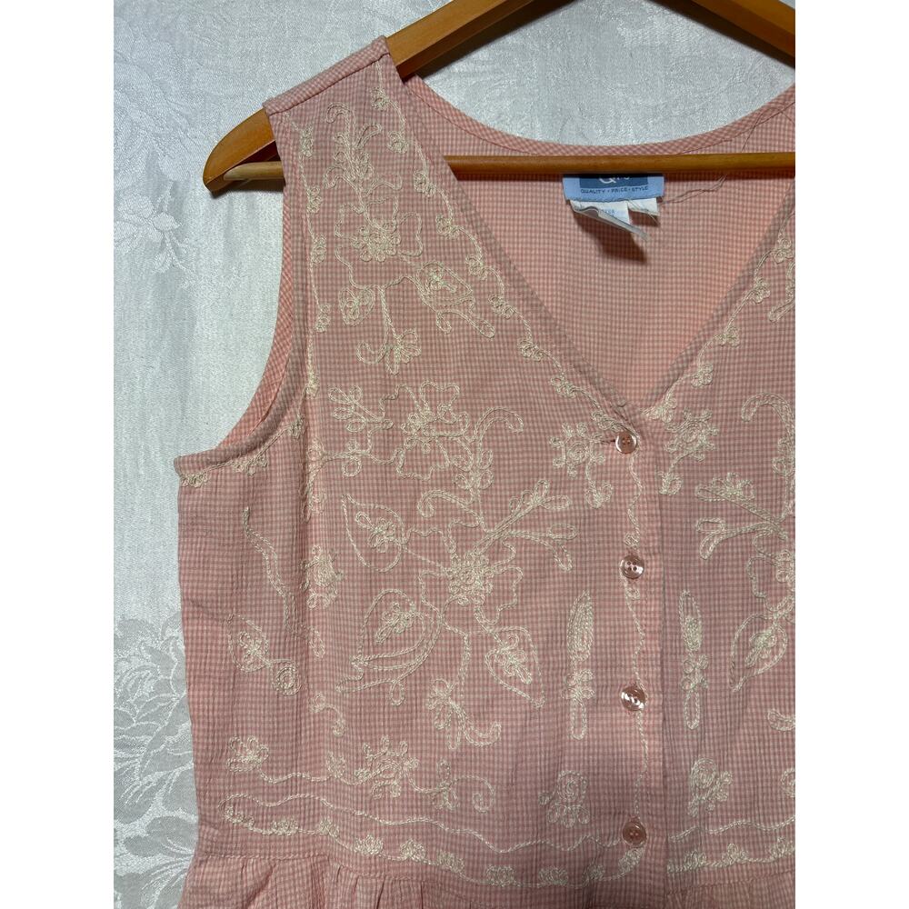 Vintage Midi Shirt Dress 10 Pink Gingham Embroidered Sleeveless Pockets Prairie - Picture 3 of 10